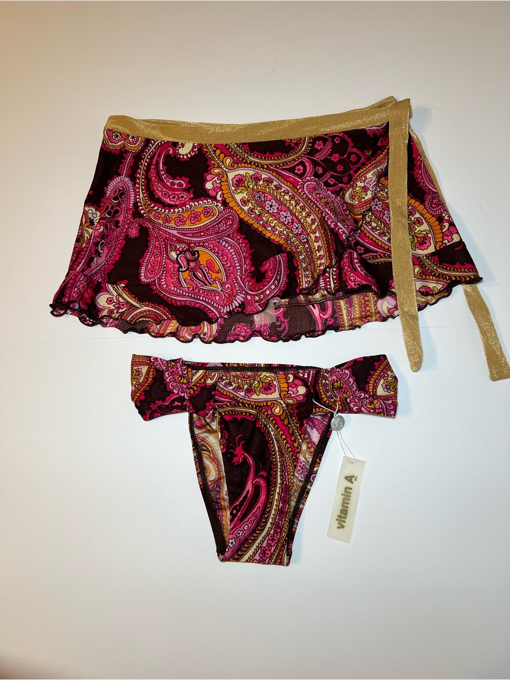 Vitamin A Pink Paisley Swim Bottoms with Gold Tie Skirt 6/s